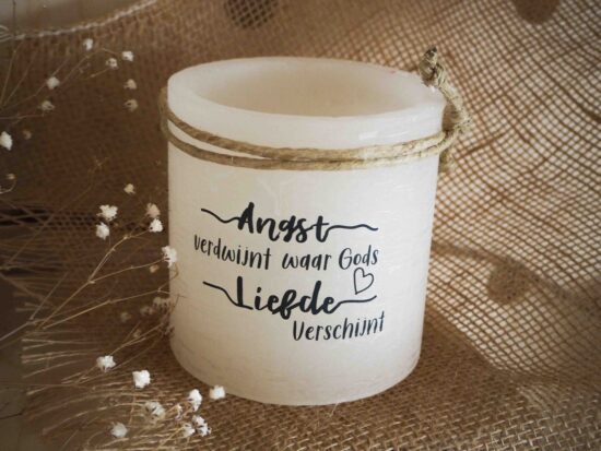 Windlicht S "Angst verdwijnt waar Gods liefde verschijnt" Ivoor