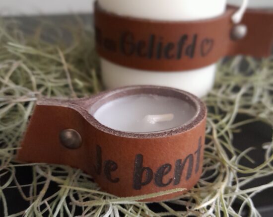 Leren waxinelichtjeshouder Bruin Je bent geliefd (set van 4)