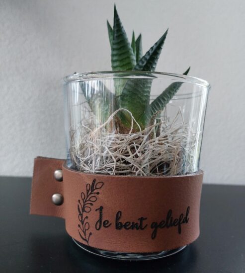 Cilinder Vaas met Leren band bruin - Je bent geliefd