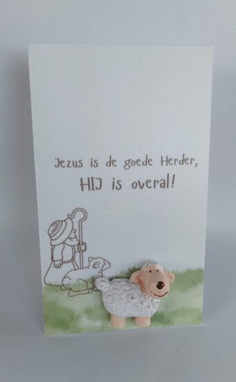 Wenskaarthouder magneet schaap - Jezus is de goede Herder, Hij is overal!