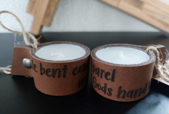 Leren waxinelichtjeshouder Bruin Je bent een parel in Gods hand (set van 4)