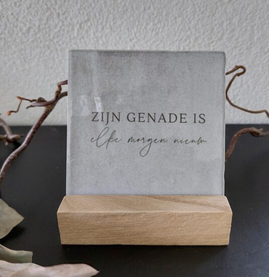 Rustieke tegeltje  grijs - Zijn genade is elke morgen nieuw (incl. houder)