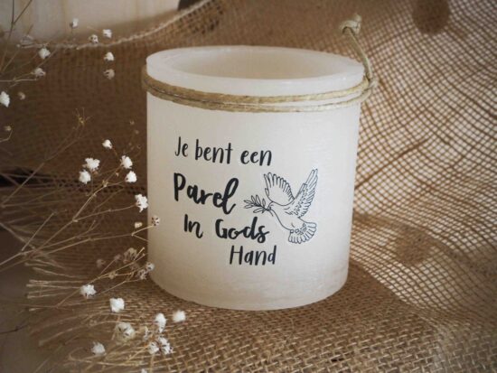 Windlicht S "Je bent een parel in Gods hand" Ivoor
