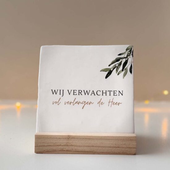 Rustieke tegel wit Kerst  - Wij verwachten vol verlangen.. (incl. houder)