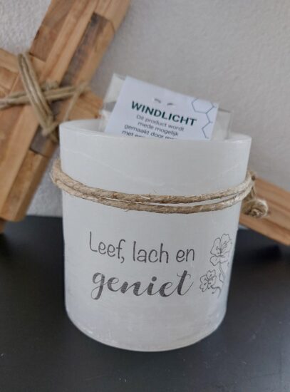 Windlicht S Leef, lach en geniet - Ivoor