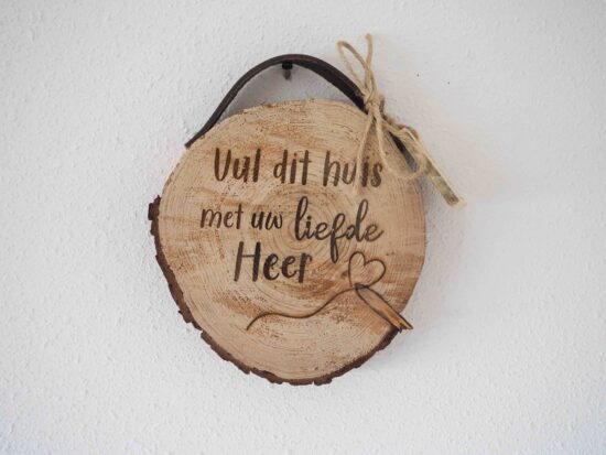 Boomschijf met leren band "Vul dit huis.."